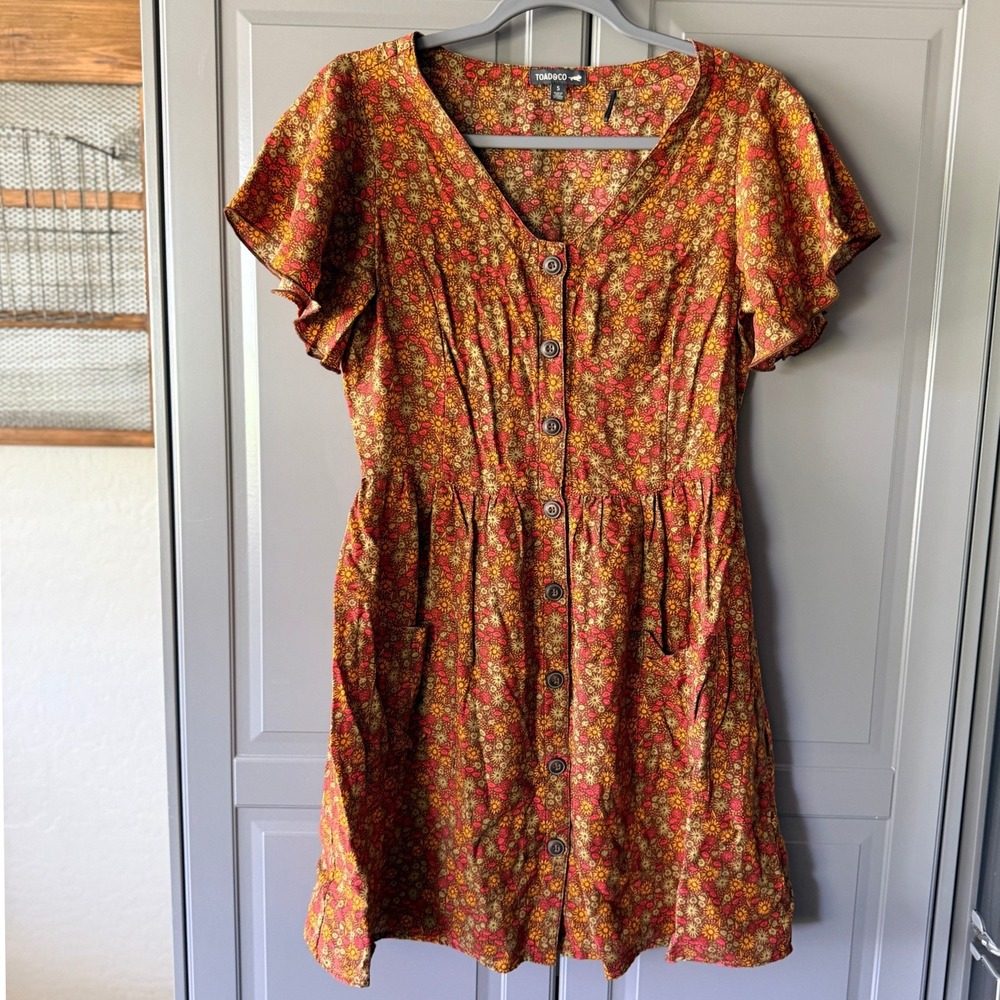 Toad&Co Womens Floral Button Front Short Sleeve Tiered Mini Dress,Orange Red,S